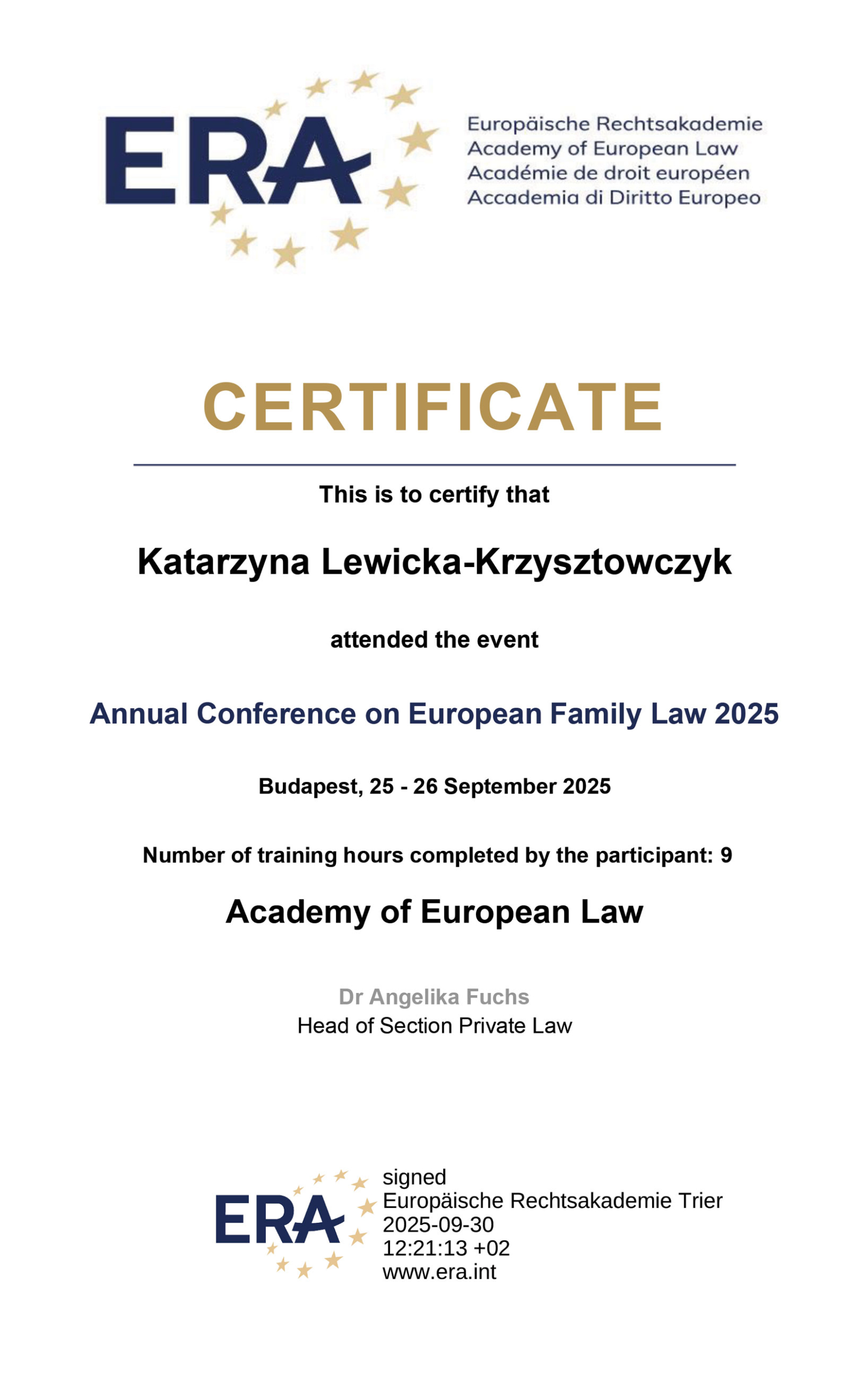 Certificate of Participation - Annual Conference on European Family Law 2025